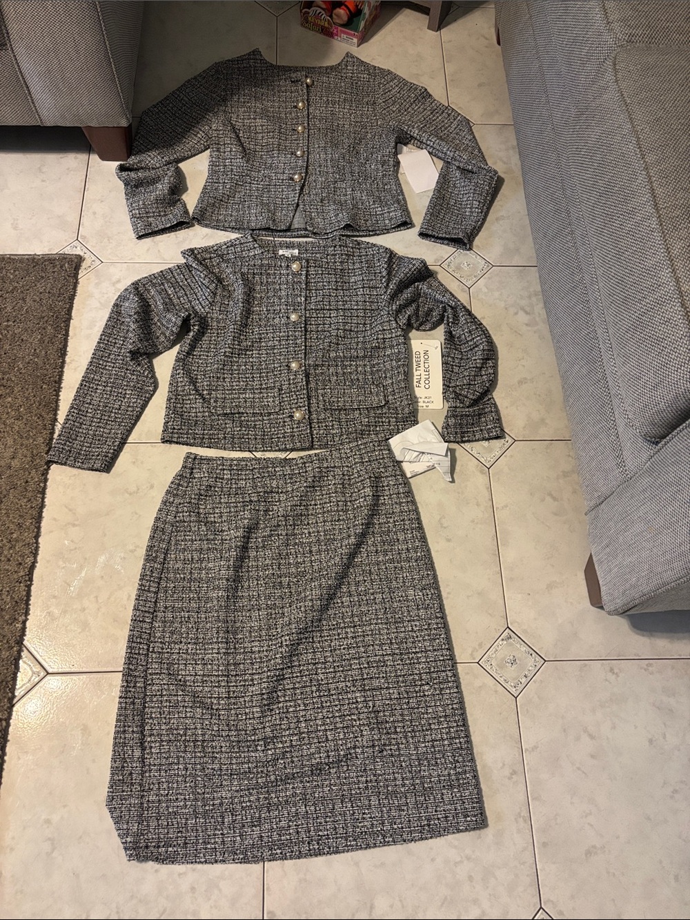 Classic Women's Tweed Skirt Suit - Gray with 2 jackets one with pockets